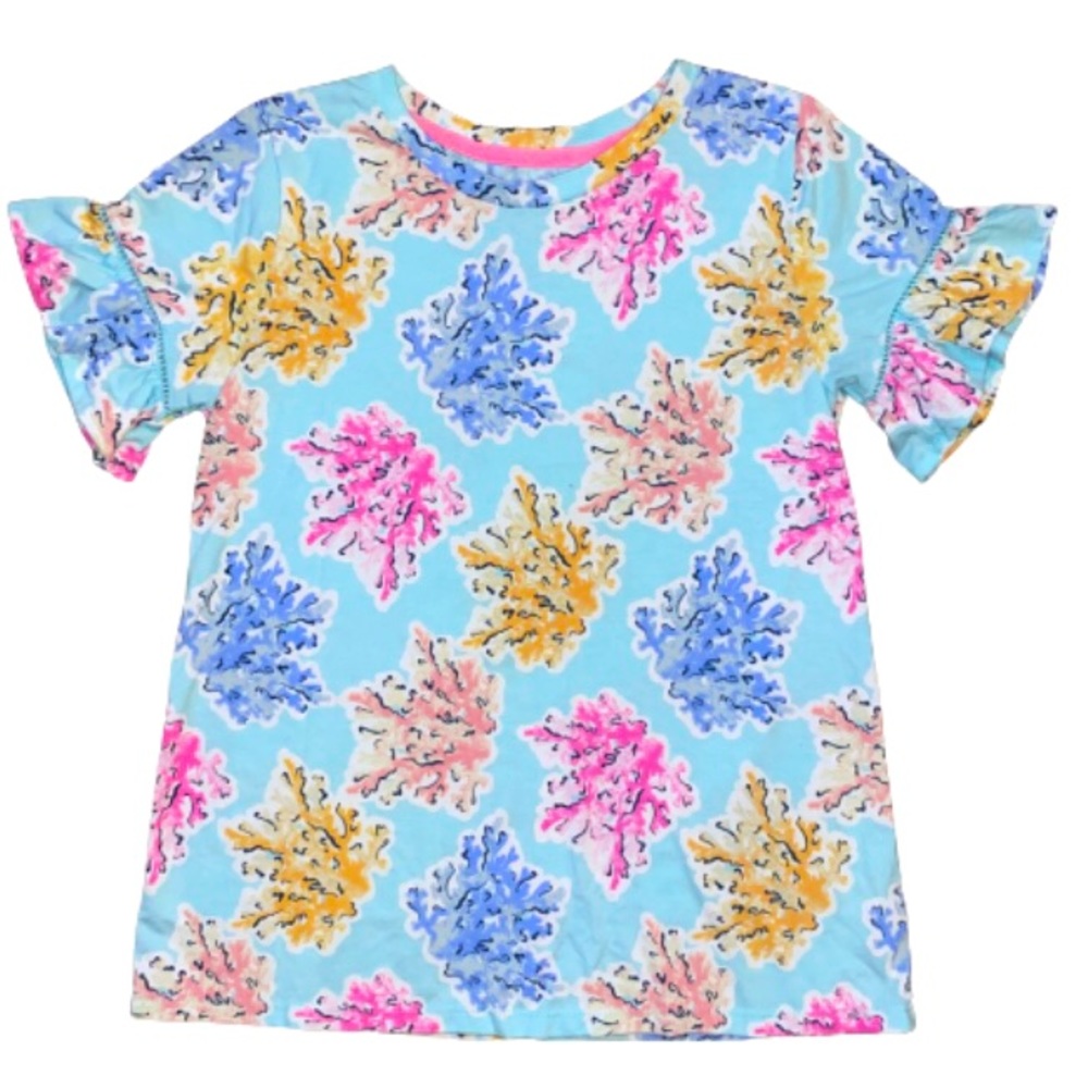 Crown & Ivy Girls Size L Blue Ruffle Sleeve Top w Colorful Seaweed Print